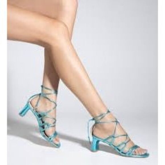 Schutz Lunah Turquesa Multistraps Lace Up Open Toe Block High Heel Sandals - Picture 1 of 8